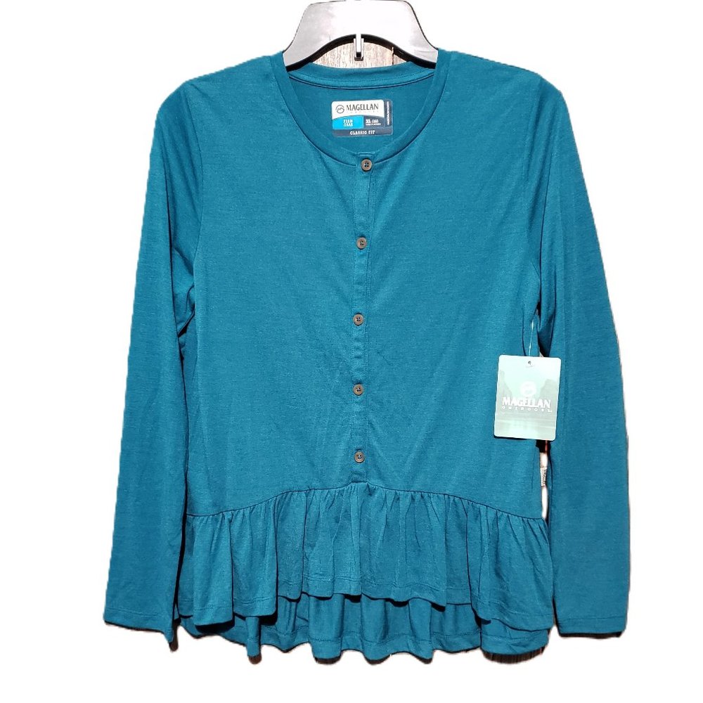 NEW Magellan XL 16 Girls Teal Green Knit Ruffle Top Outdoor‎ Blue Tee